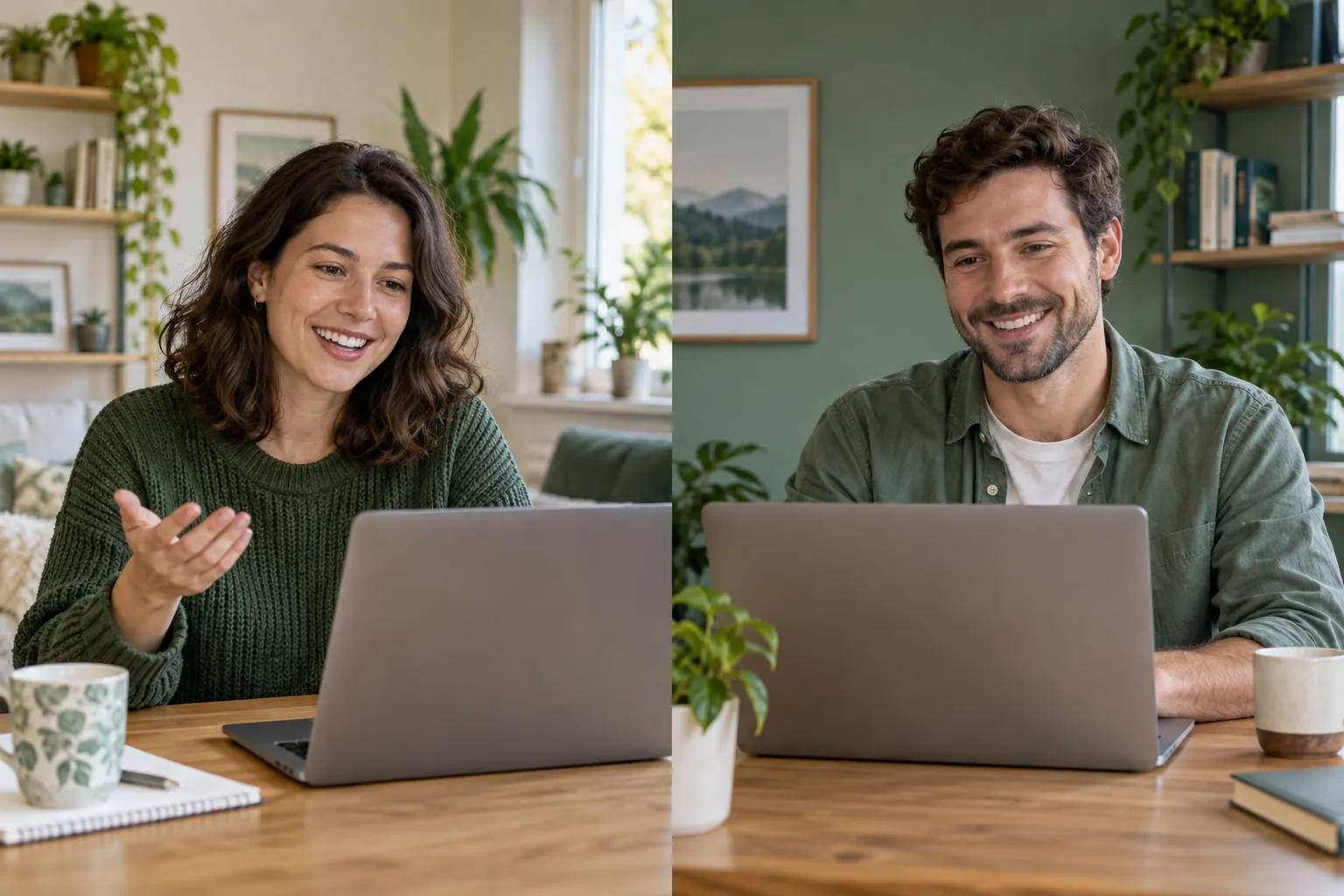 Two adults on a video call from separate rooms, each at a laptop