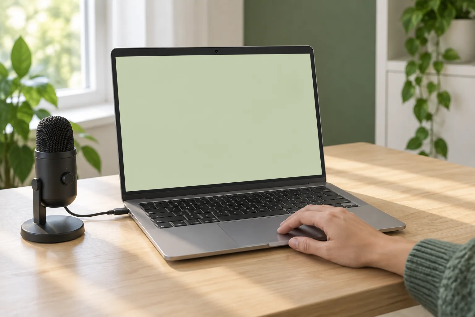 A laptop with a blank screen and a desk microphone